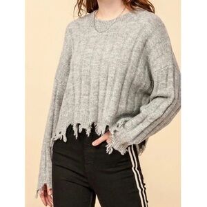 DOUBLE ZERO Crew Neck Distressed Hem Drop Shoulder Rib Knit Sweater Size Small
